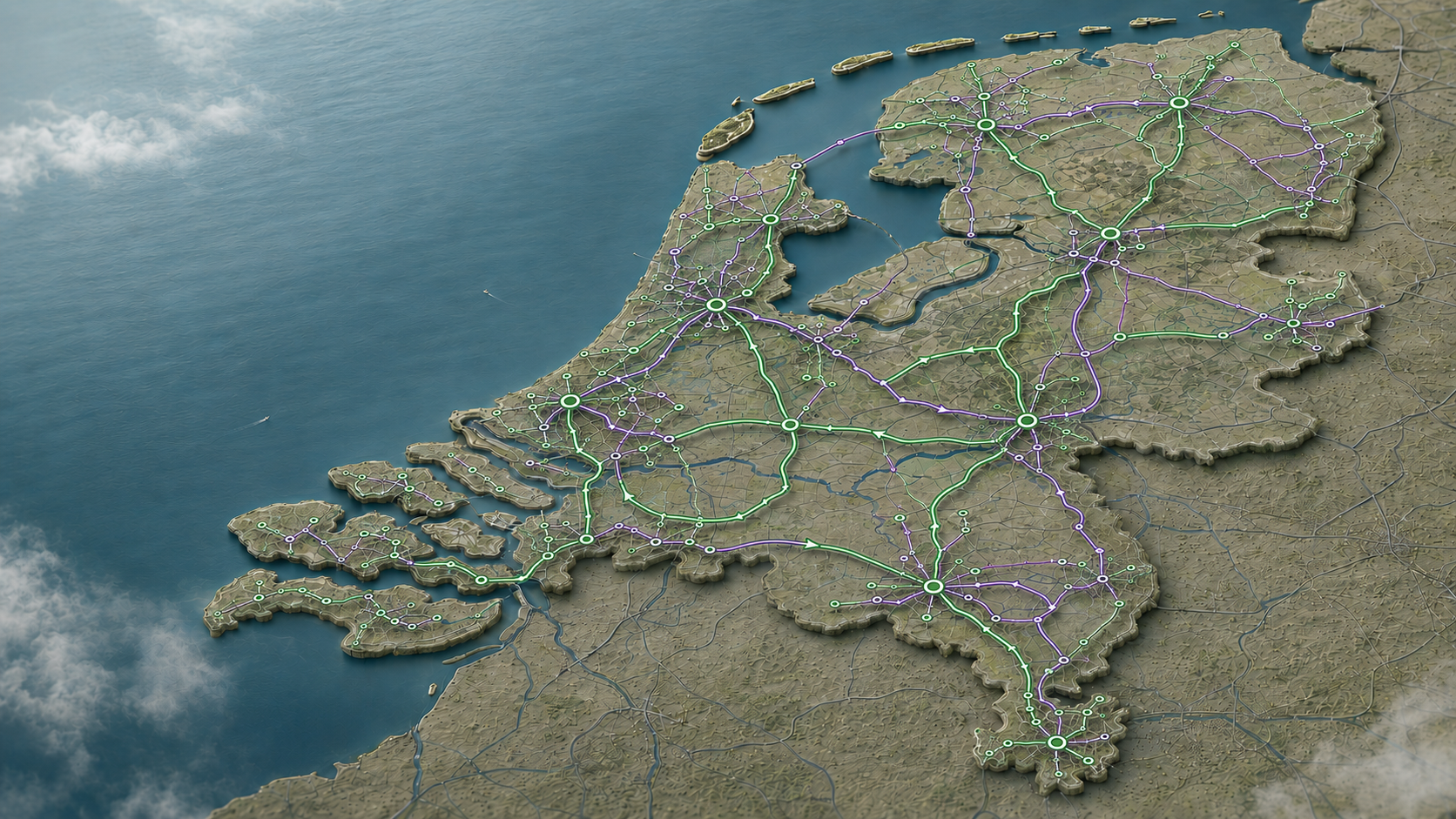 Network map showing green and purple delivery routes across the Netherlands